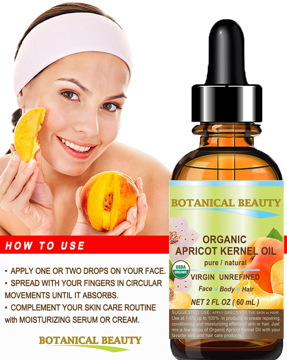 Botanical Beauty Organic Apricot Kernel Oil texture hints at a delicate, non-greasy finish.