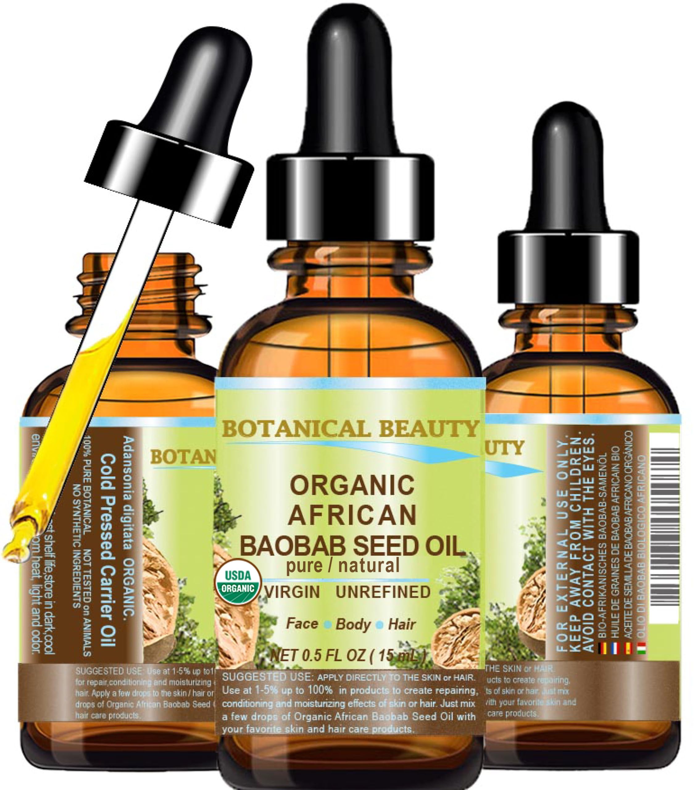 Botanical Beauty Baobab Seed Oil bottle pour illustrating lightweight daily moisturizer