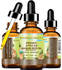 Botanical Beauty Baobab Seed Oil bottle pour illustrating lightweight daily moisturizer