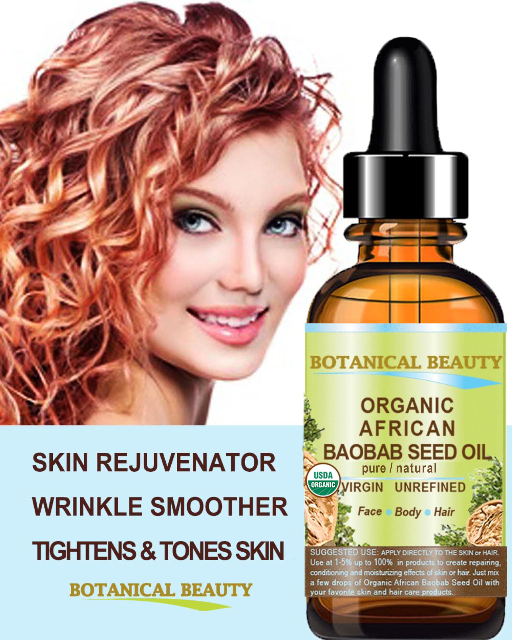 Botanical Beauty Baobab Seed Oil drops on the face for gentle care