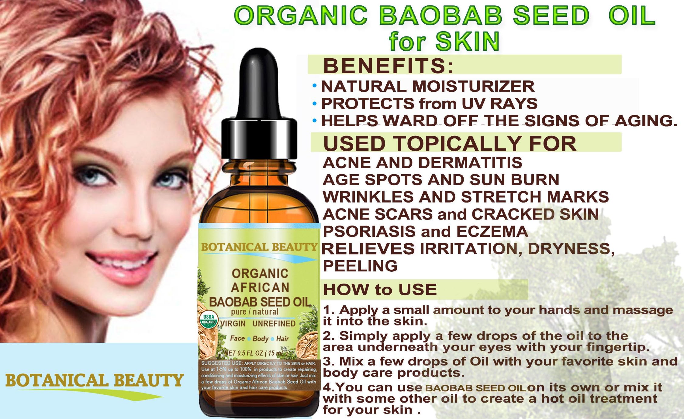 Botanical Beauty Baobab Seed Oil on hair for shine and softness