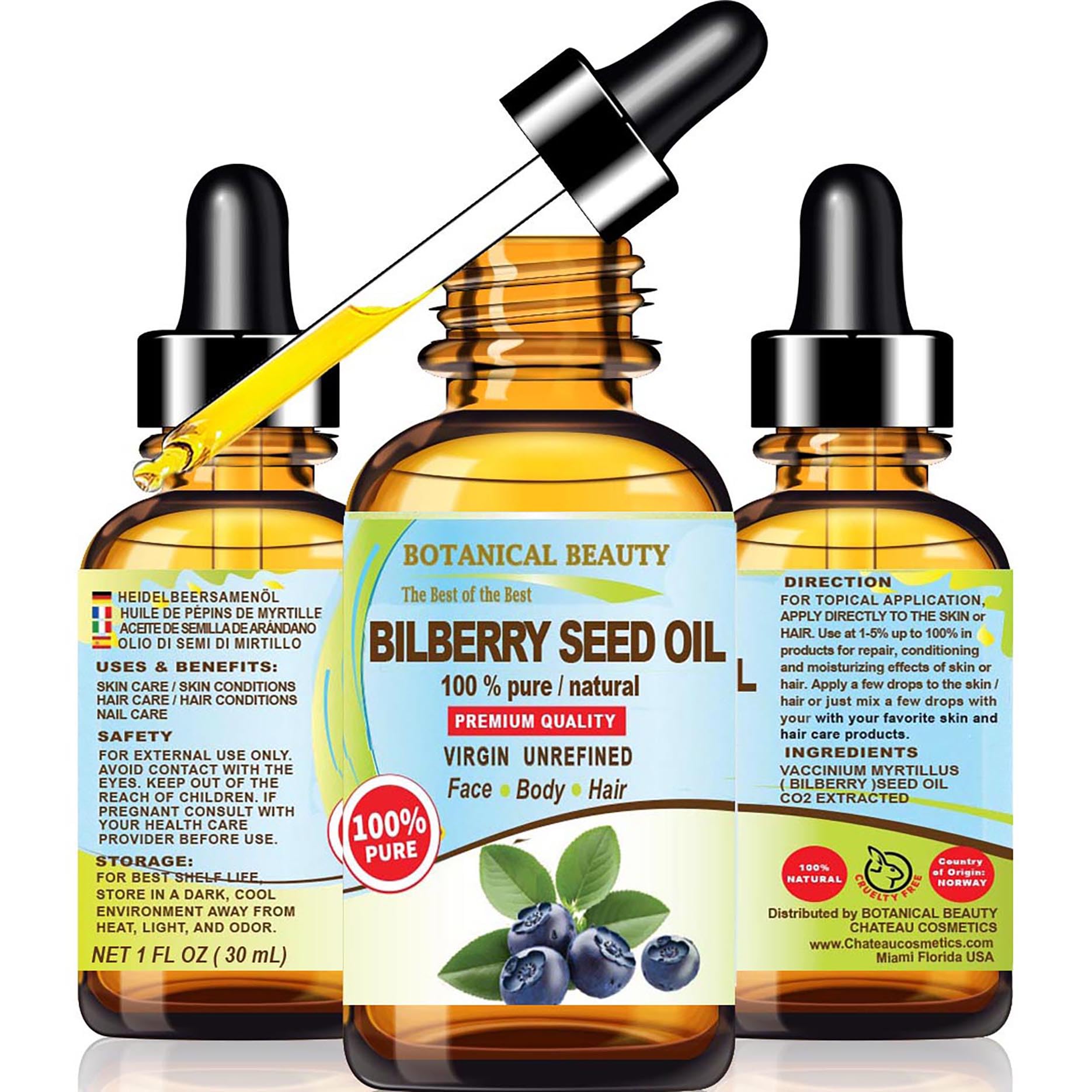 Botanical Beauty Bilberry Seed Oil bottle with clear yellow oil for skin and hair care