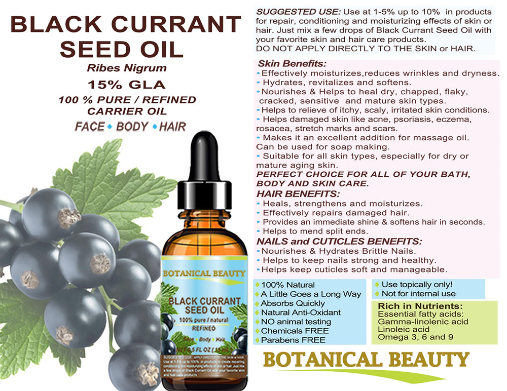 Botanical Beauty Black Currant Seed Oil beside bath products for body care
