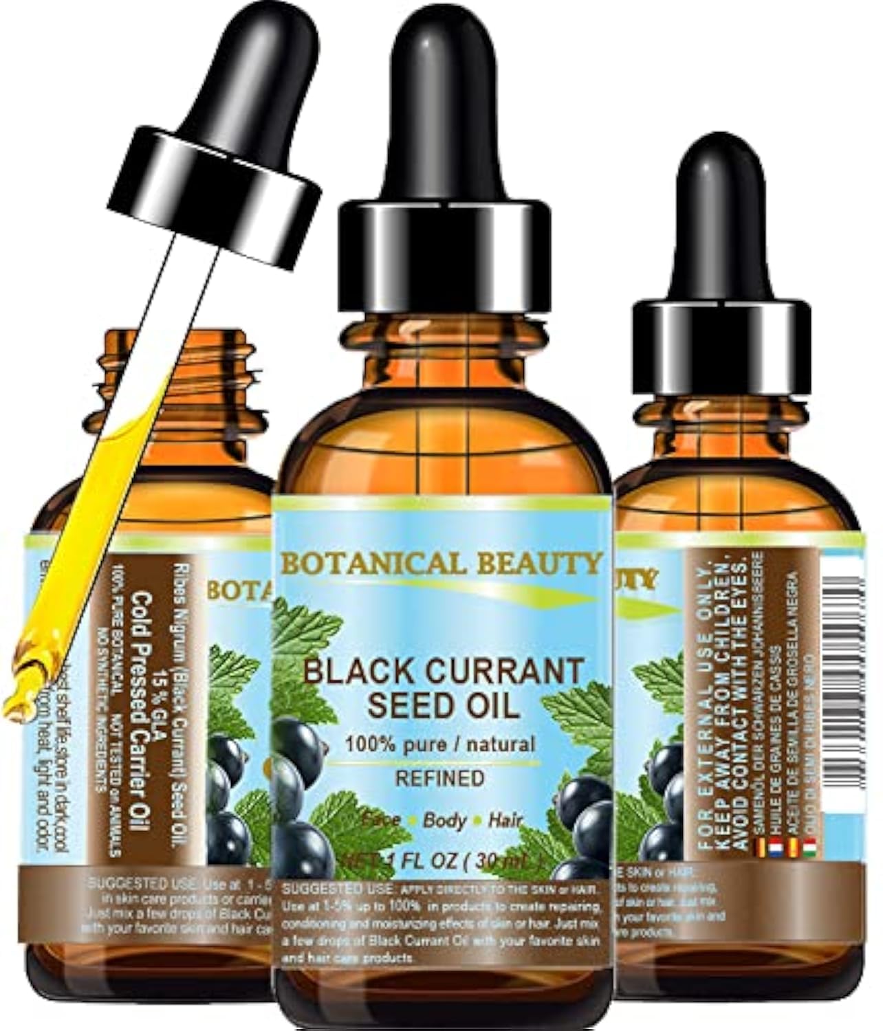 Botanical Beauty Black Currant Seed Oil bottle front view for skin and hair care