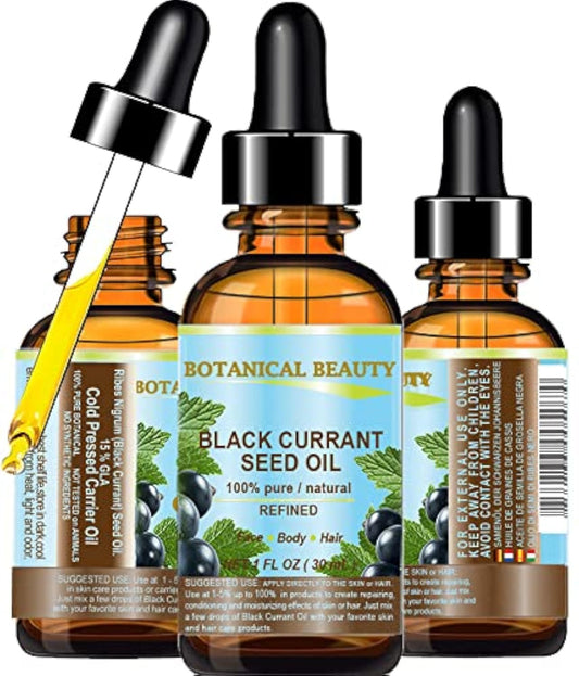 Botanical Beauty Black Currant Seed Oil bottle front view for skin and hair care