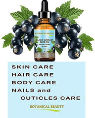 Label closeup of Botanical Beauty Black Currant Seed Oil showing GLA content