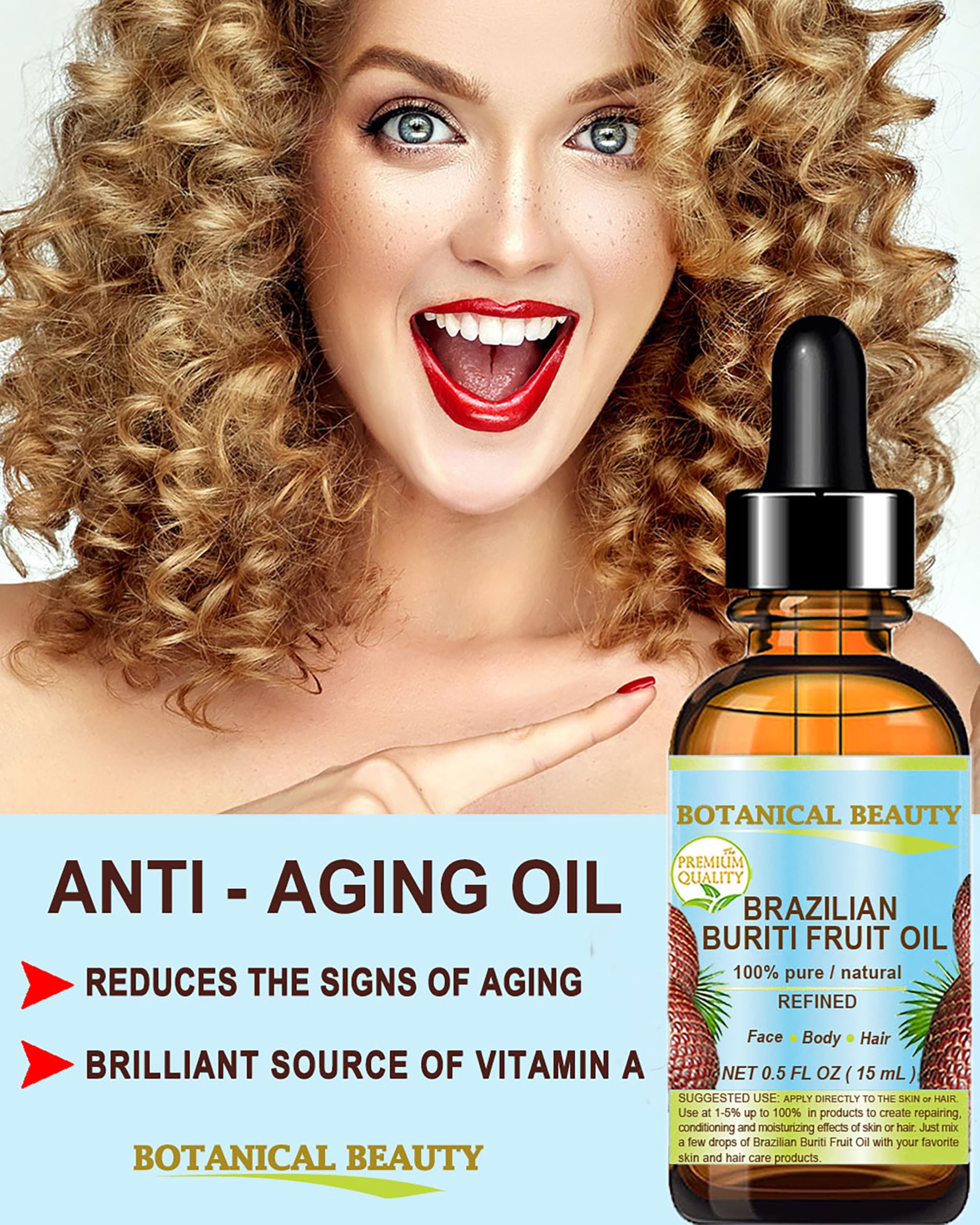 Botanical Beauty Buriti oil on skin—improves elasticity and smoothness.