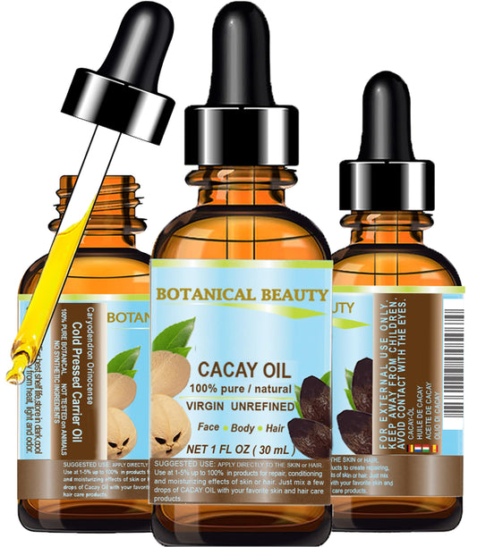 Botanical Beauty CACAY OIL bottle front, showcasing nourishment for skin and hair.