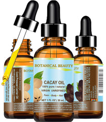 Botanical Beauty CACAY OIL bottle front, showcasing nourishment for skin and hair.