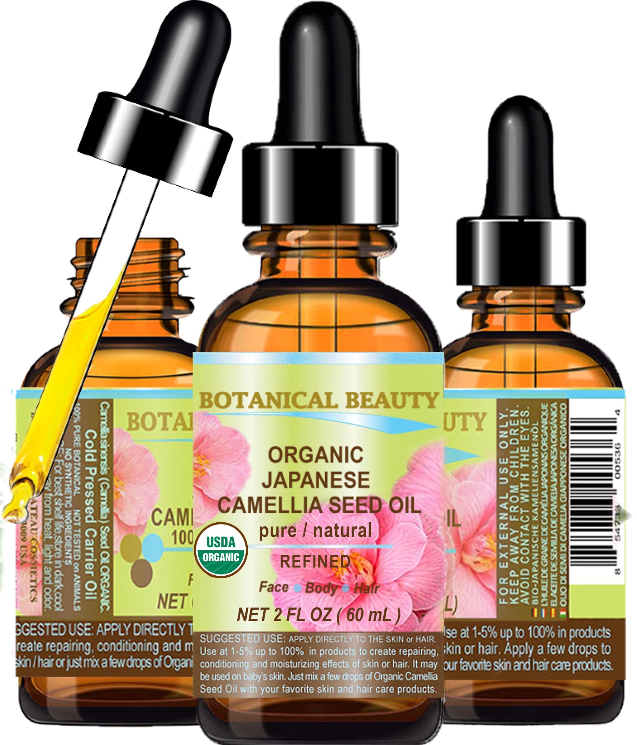 Botanical Beauty Camellia Seed Oil bottle pour for quick skin hydration