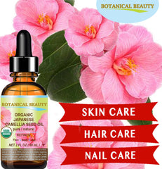 Botanical Beauty Camellia Seed Oil clear glass bottle highlights premium cold-pressed oil