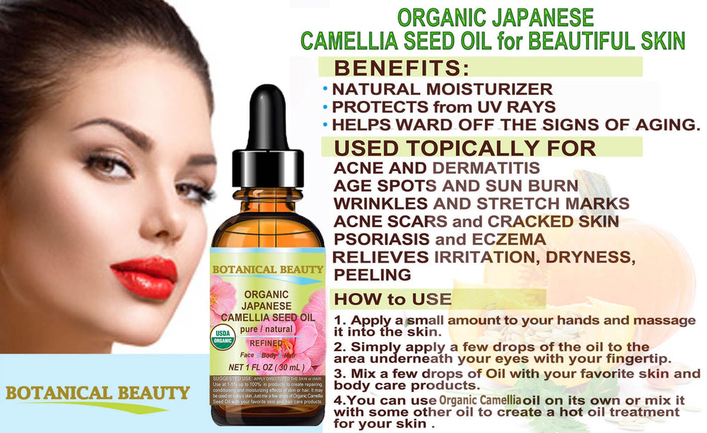 Botanical Beauty Camellia Seed Oil packaging emphasizes purity and eco-friendly sourcing