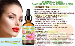 Botanical Beauty Camellia Seed Oil packaging emphasizes purity and eco-friendly sourcing