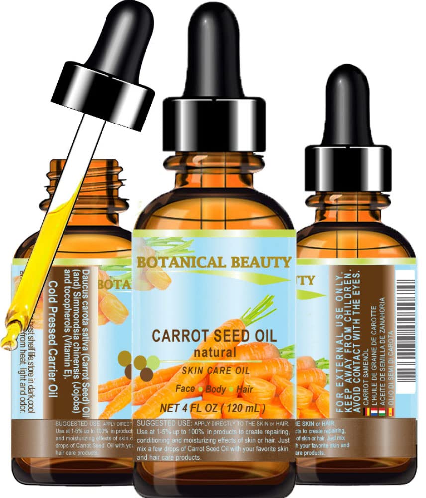 Botanical Beauty Carrot Seed Oil bottle shown for daily skin and body care.