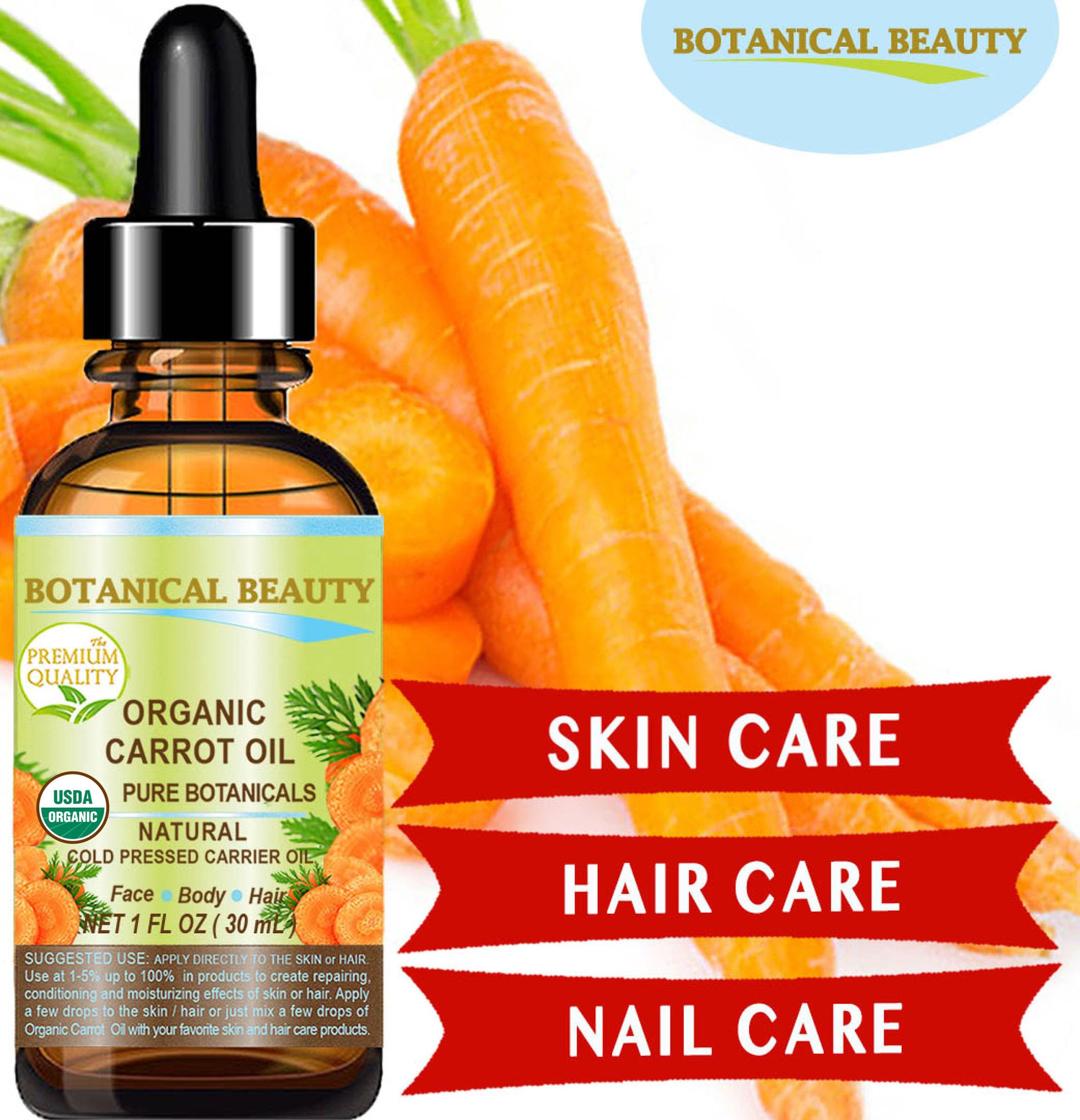 Botanical Beauty carrot seed oil dropper for daily skin and hair use