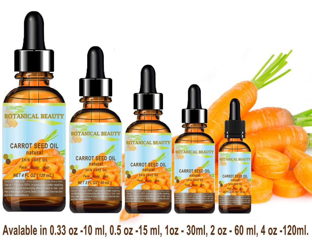 Botanical Beauty Carrot Seed Oil supplies beta carotene and vitamins for healthy-looking skin.