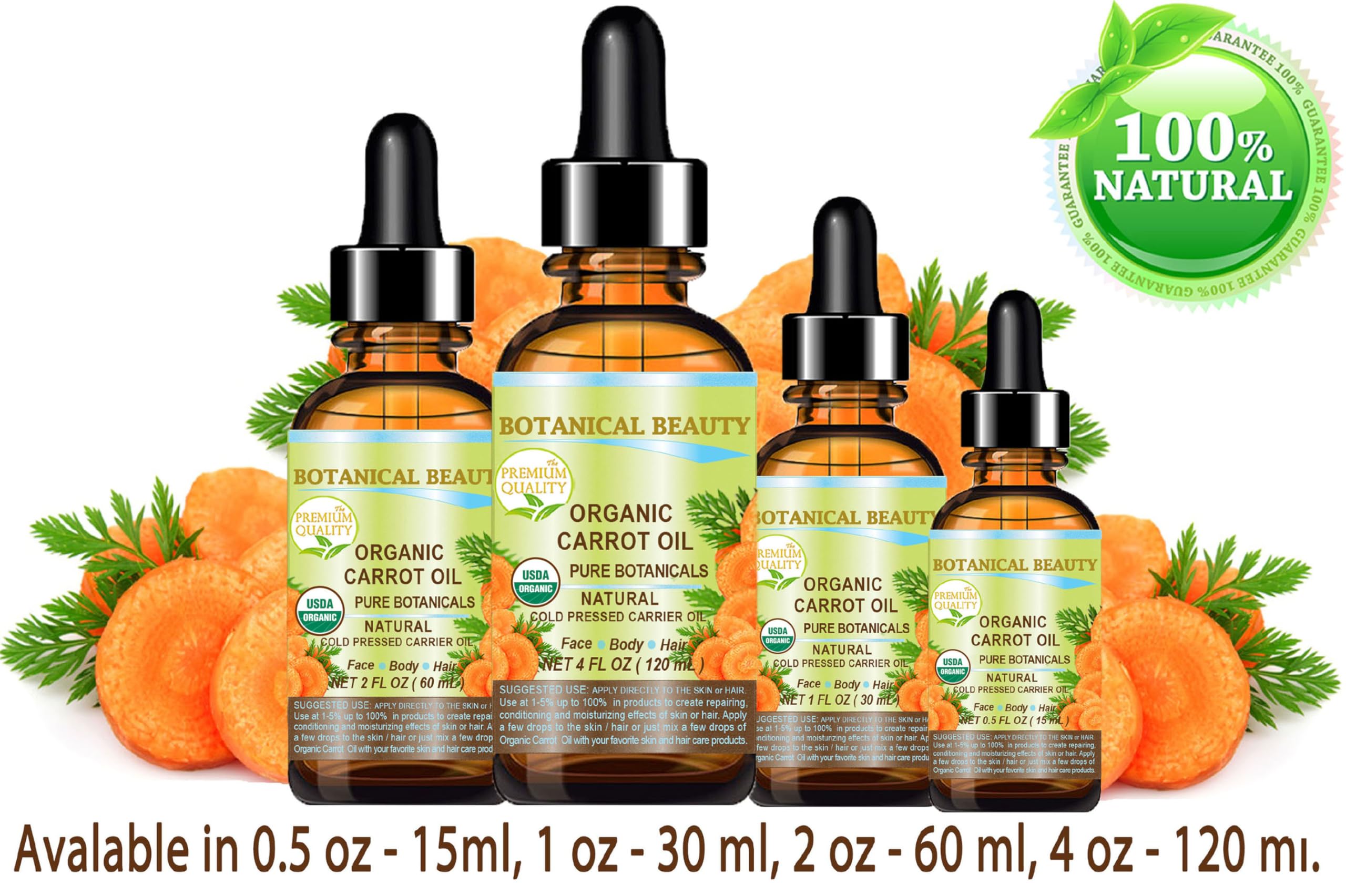 Botanical Beauty carrot seed oil bottle highlights vegan organic formula