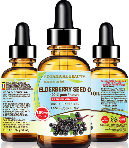 Botanical Beauty elderberry seed oil bottle pour showing quick skin absorption