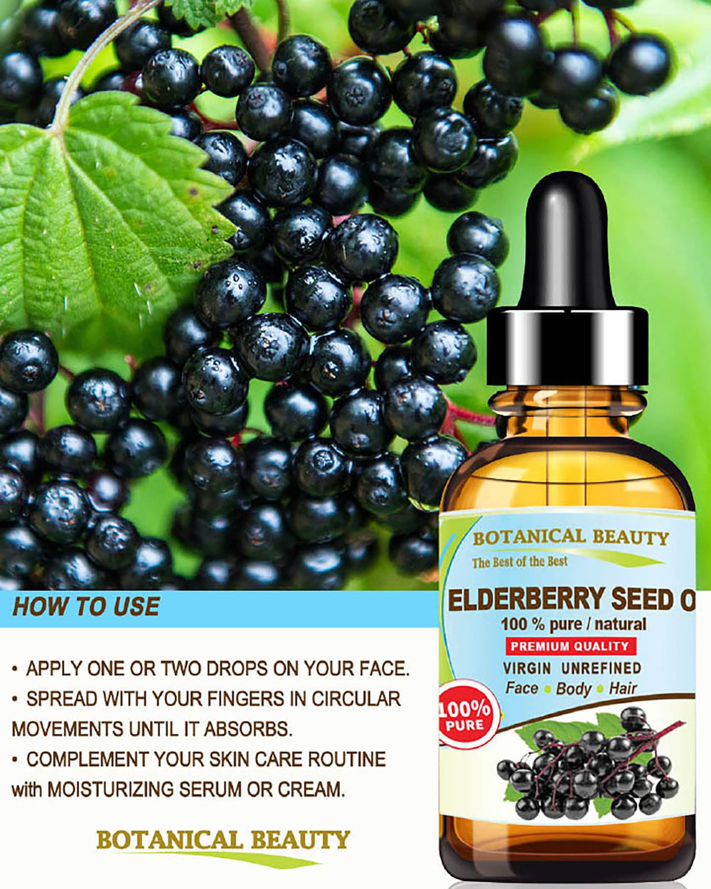 Botanical Beauty elderberry seed oil on skin shows non-greasy moisture