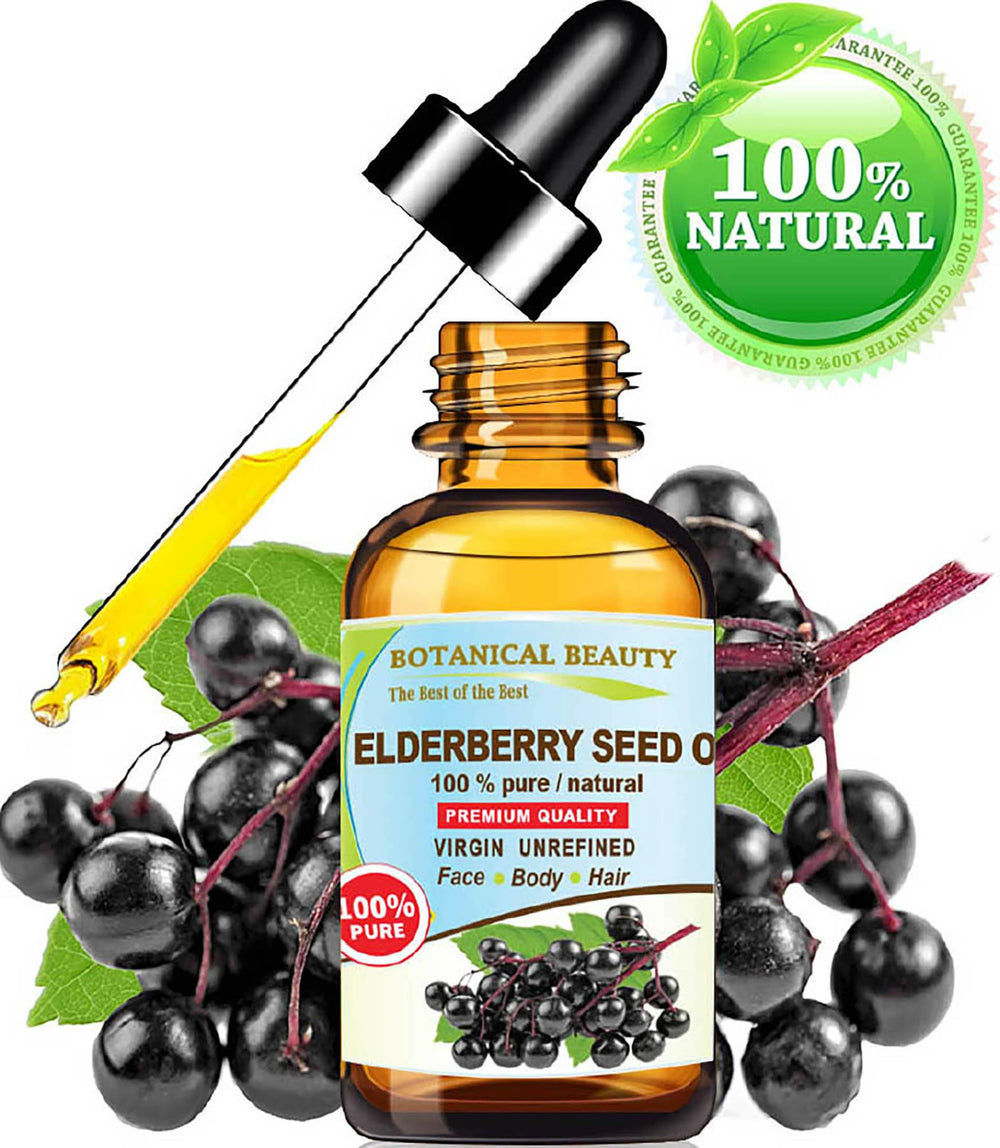 Botanical Beauty elderberry seed oil jar closeup reveals golden unrefined oil