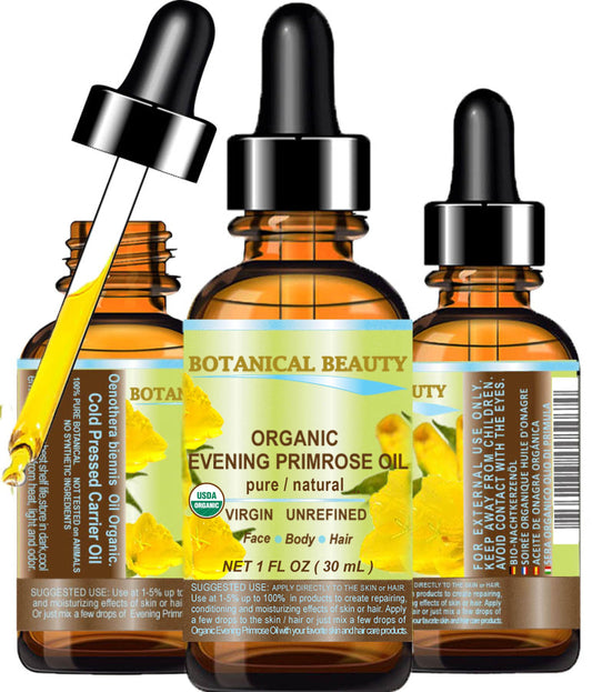 Botanical Beauty Evening Primrose Oil bottle close-up, showcasing a natural moisturizer for skin.