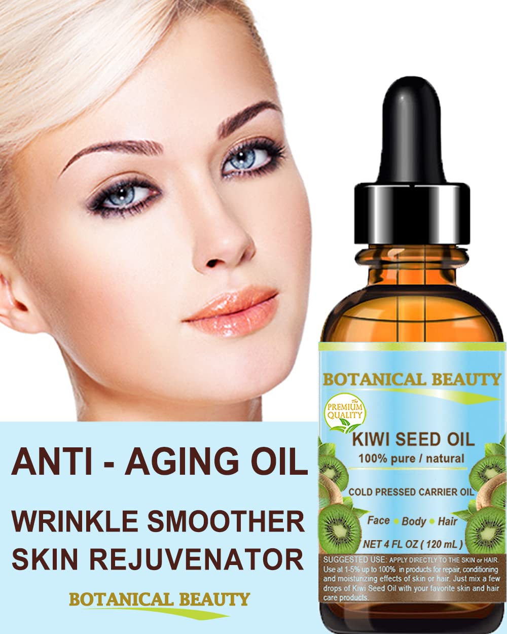 Kiwi Seed Oil on hair for shine and moisture.