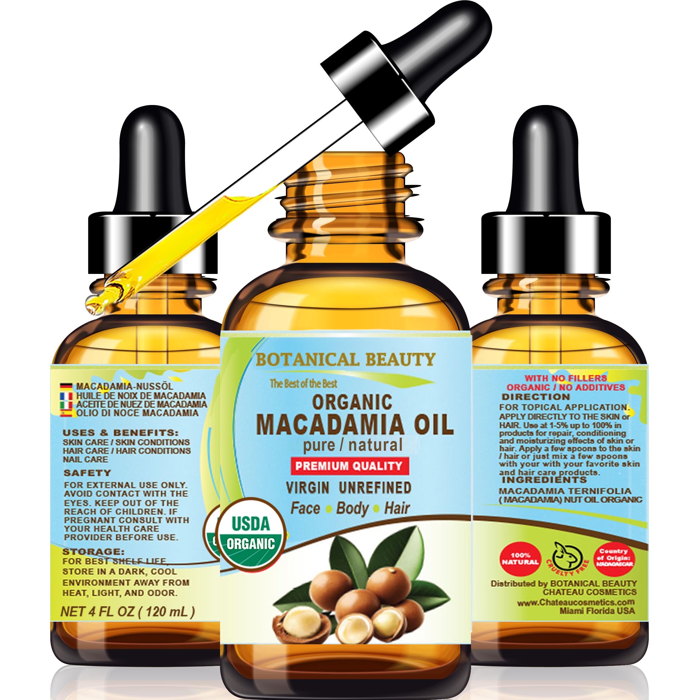 Botanical Beauty Macadamia Oil bottle with amber glass for a lightweight daily moisturizer