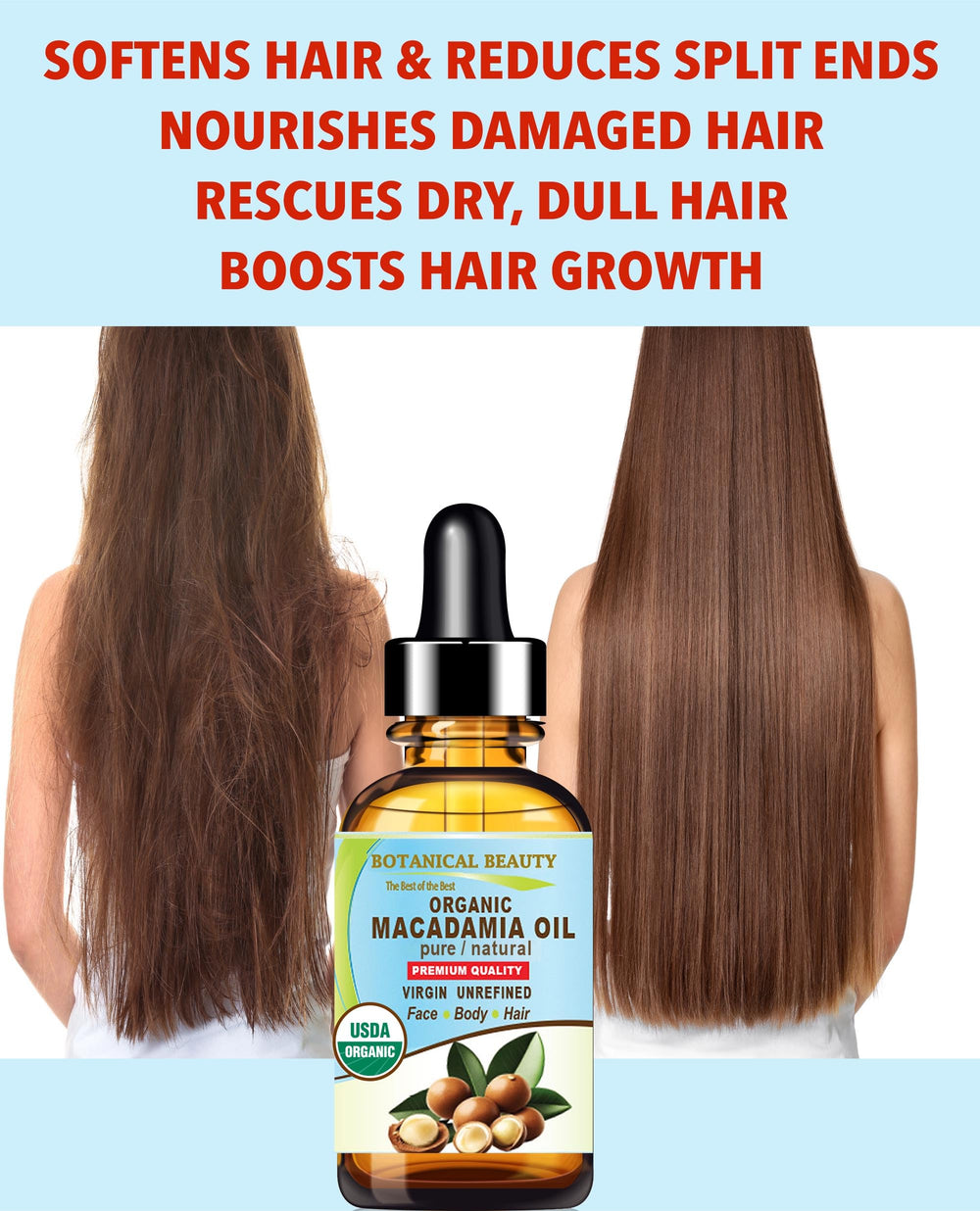 Botanical Beauty Macadamia Oil on hair demonstrates shine without weighing down