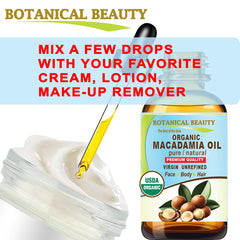 Botanical Beauty Macadamia Oil bottle with lip and nail care hints for ritual use