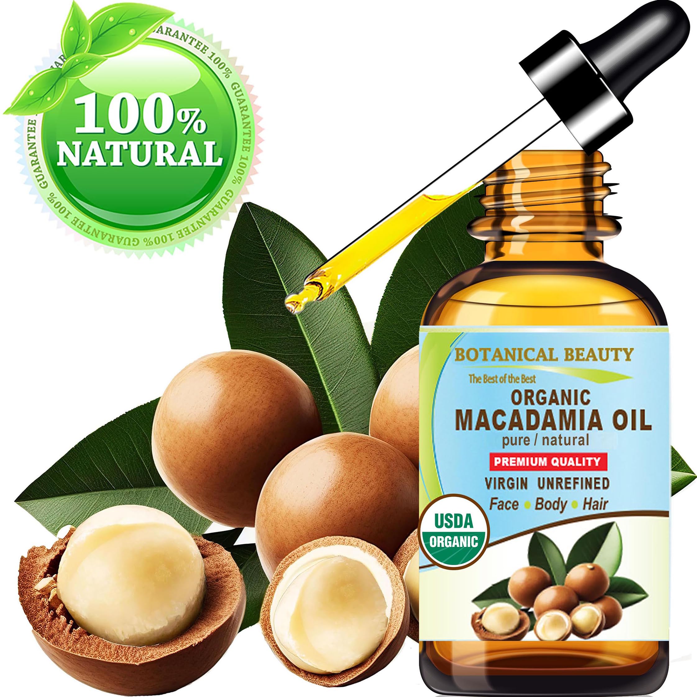 Botanical Beauty Macadamia Oil pours smoothly for quick absorption and non-greasy feel