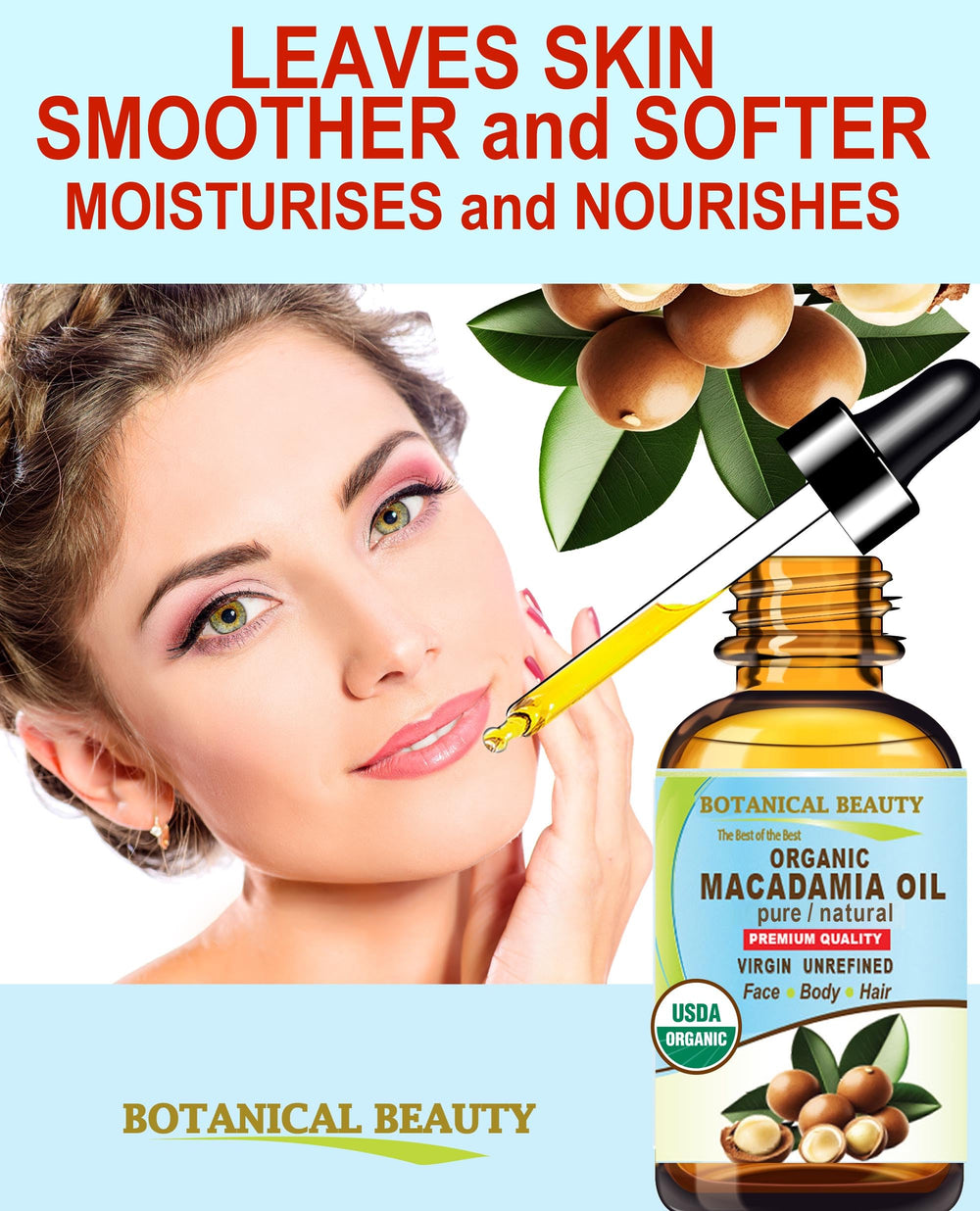 Botanical Beauty Macadamia Oil on skin shows a light moisturizing touch