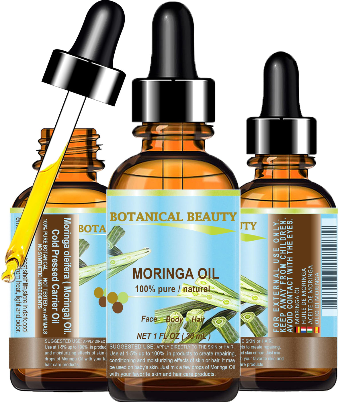 Botanical Beauty Moringa Oil bottle pour shows quick absorption and hydration.