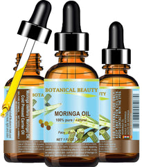 Botanical Beauty Moringa Oil bottle pour shows quick absorption and hydration.