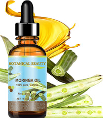 Botanical Beauty Moringa Oil closeup highlights rich vitamin content for skin.
