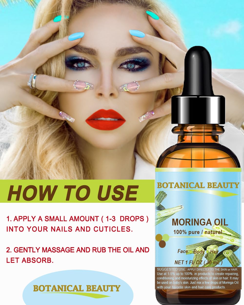 Botanical Beauty Moringa Oil dropper detail features easy dispensing.