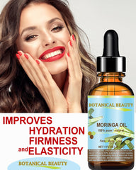 Botanical Beauty Moringa Oil for hair application adds shine and softness.