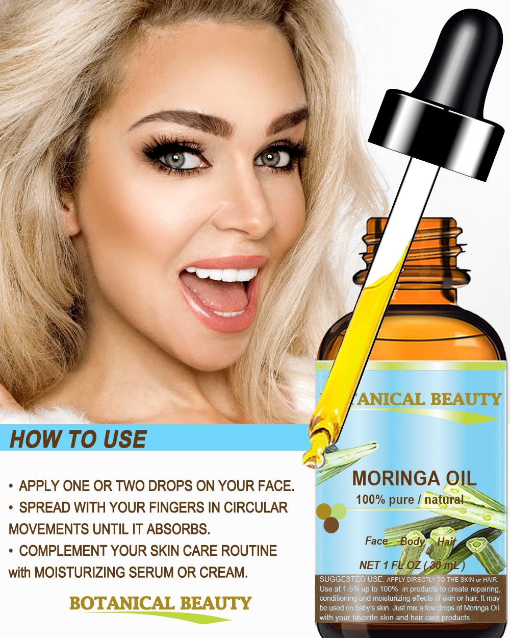Botanical Beauty Moringa Oil ingredient-rich formula with fatty acids and vitamins.