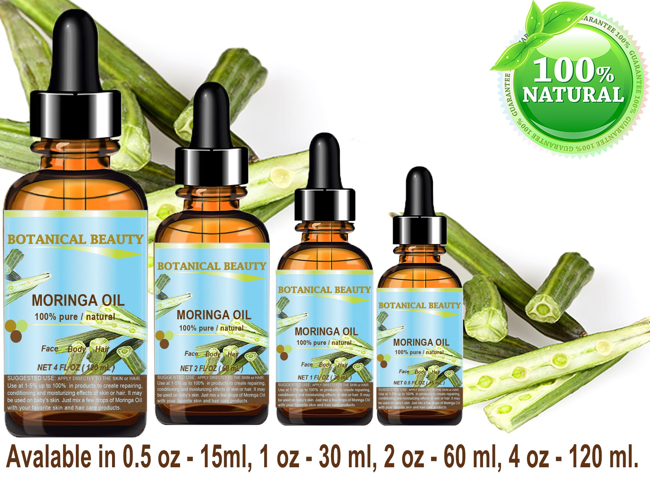 Botanical Beauty Moringa Oil packaging close-up with branding.