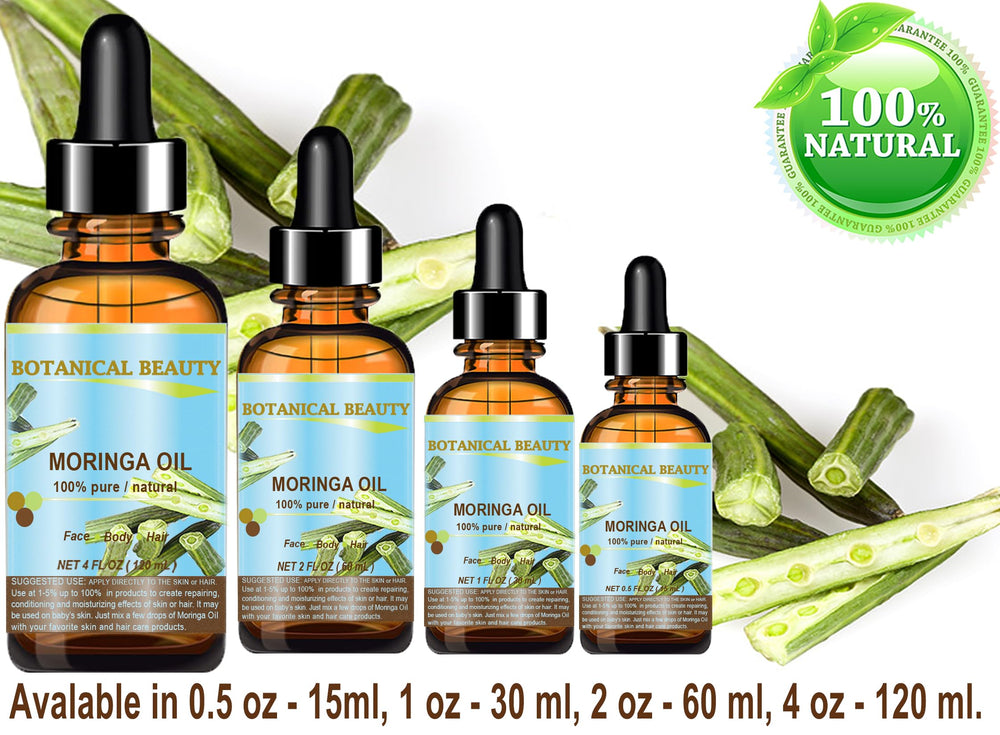 Botanical Beauty Moringa Oil packaging close-up with branding.