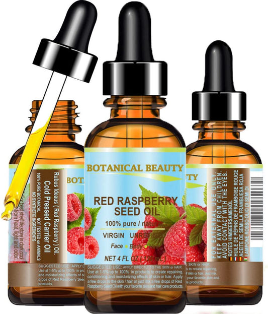 Botanical Beauty Red Raspberry Seed Oil bottle pour showing quick-absorbing skin hydration