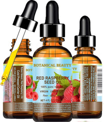 Botanical Beauty Red Raspberry Seed Oil bottle pour showing quick-absorbing skin hydration
