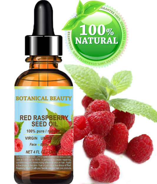 Botanical Beauty Red Raspberry Seed Oil label highlights first cold-press origin for purity