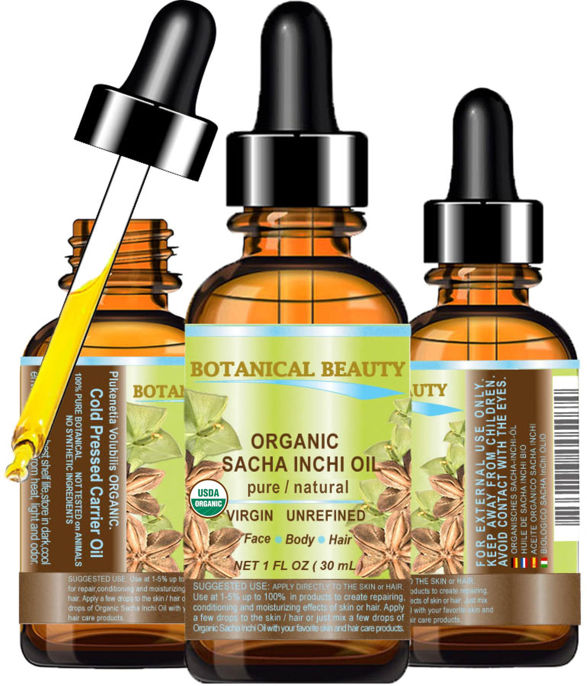 Botanical Beauty Sacha Inchi oil bottle showing pure organic carrier oil for skin.