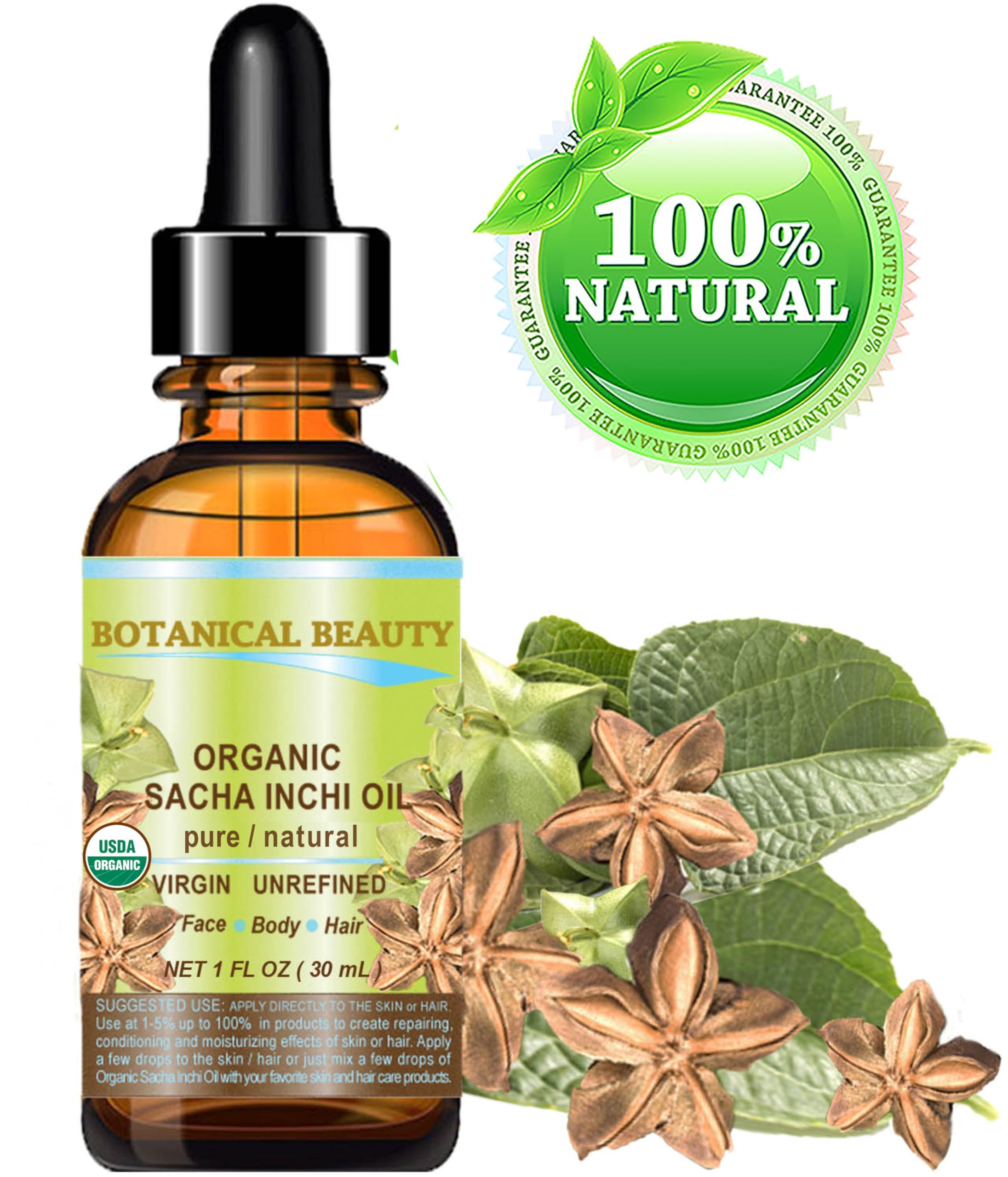 Botanical Beauty Sacha Inchi oil drops ready for facial or body use.