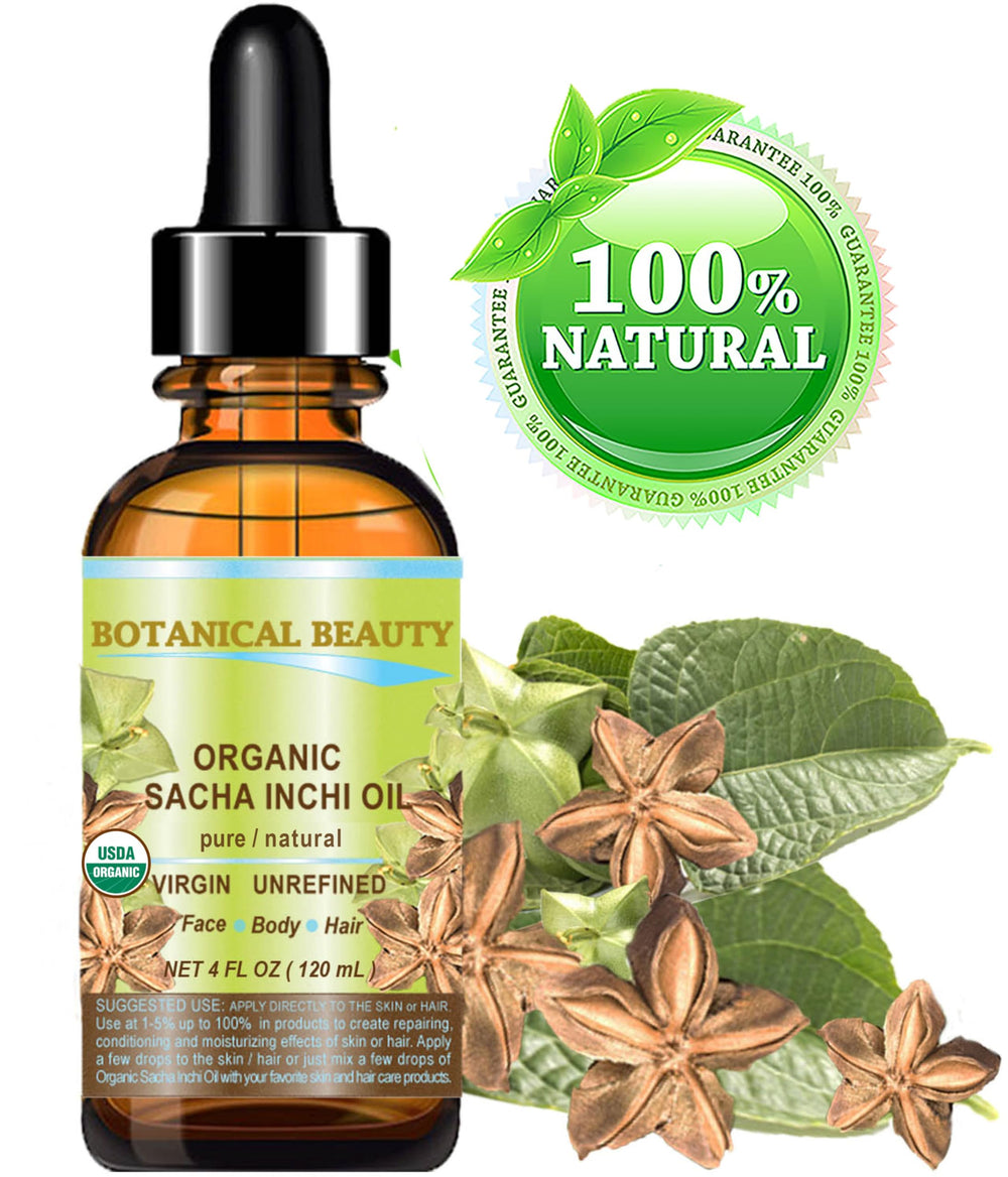 Botanical Beauty Sacha Inchi Oil bottle label highlights omega fatty acids.