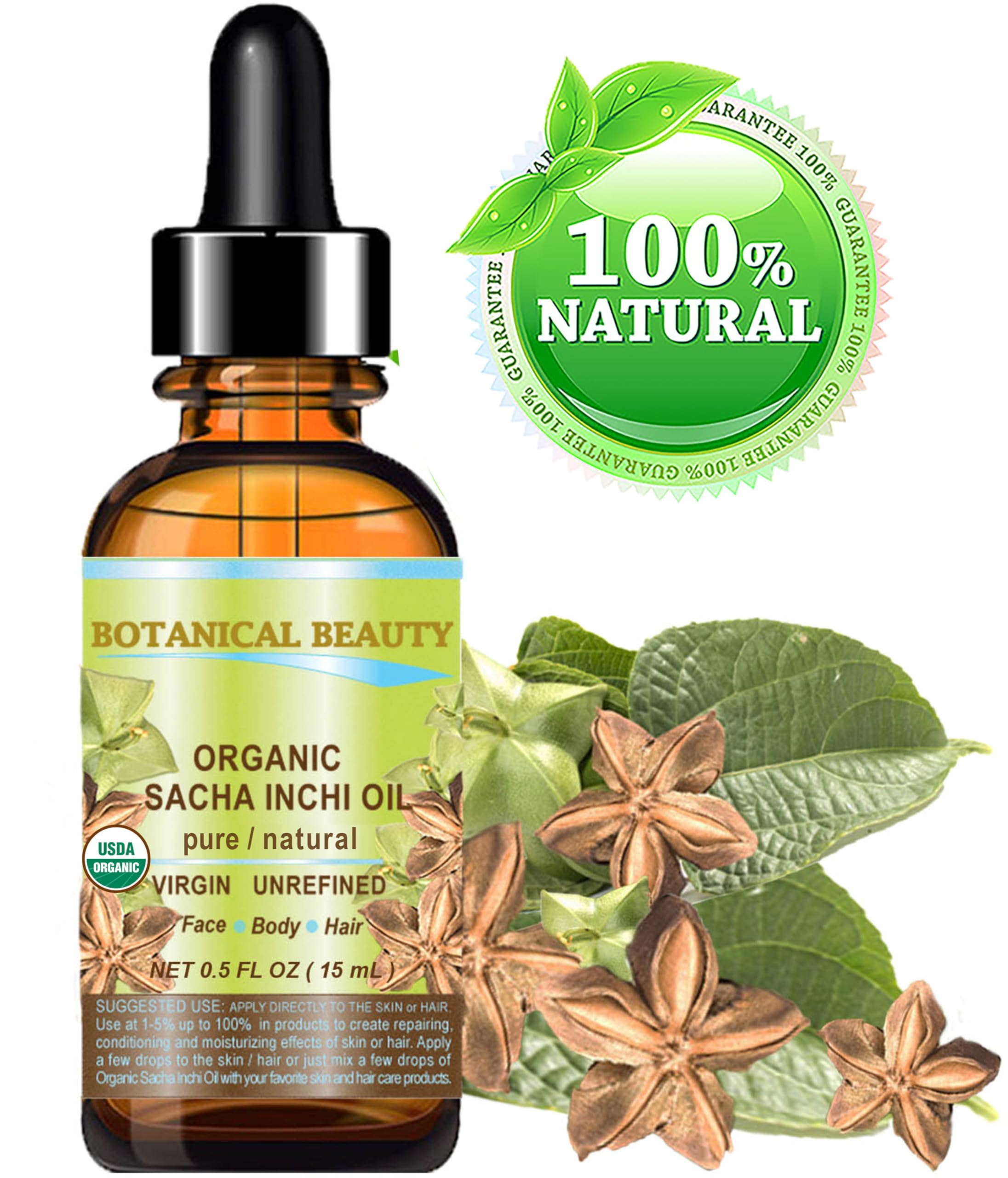 Botanical Beauty Sacha Inchi Oil label highlights organic, cold-pressed purity for care