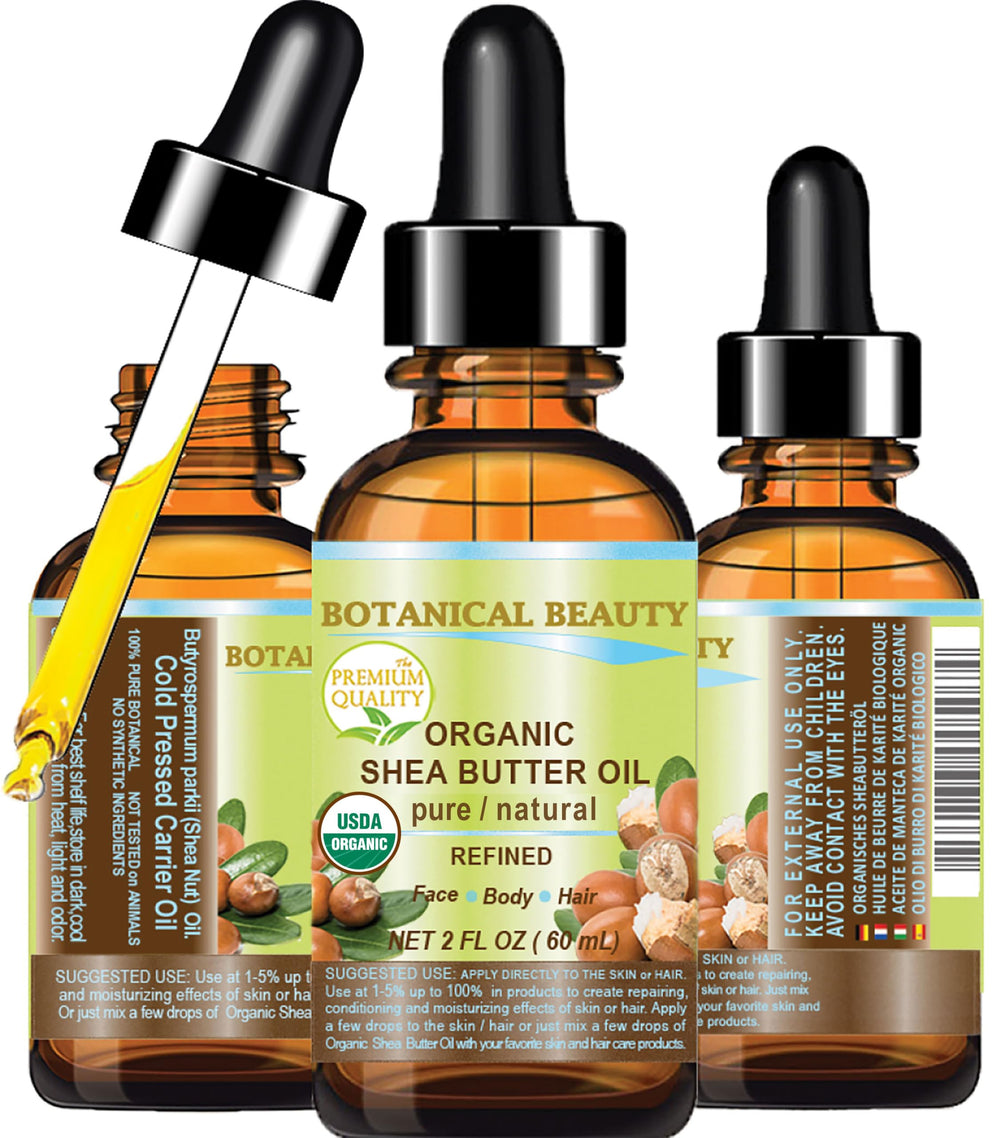 Botanical Beauty Shea Butter Oil bottle pour for quick, non-greasy skin hydration.