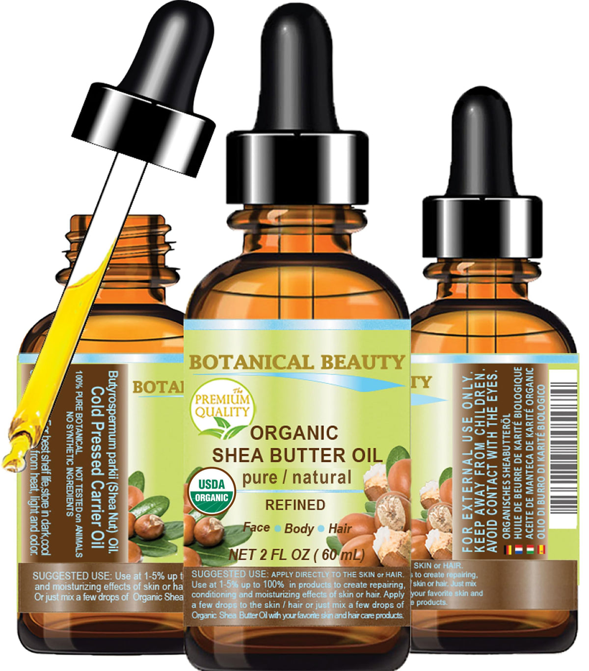 Botanical Beauty Shea Butter Oil bottle pour for quick, non-greasy skin hydration.
