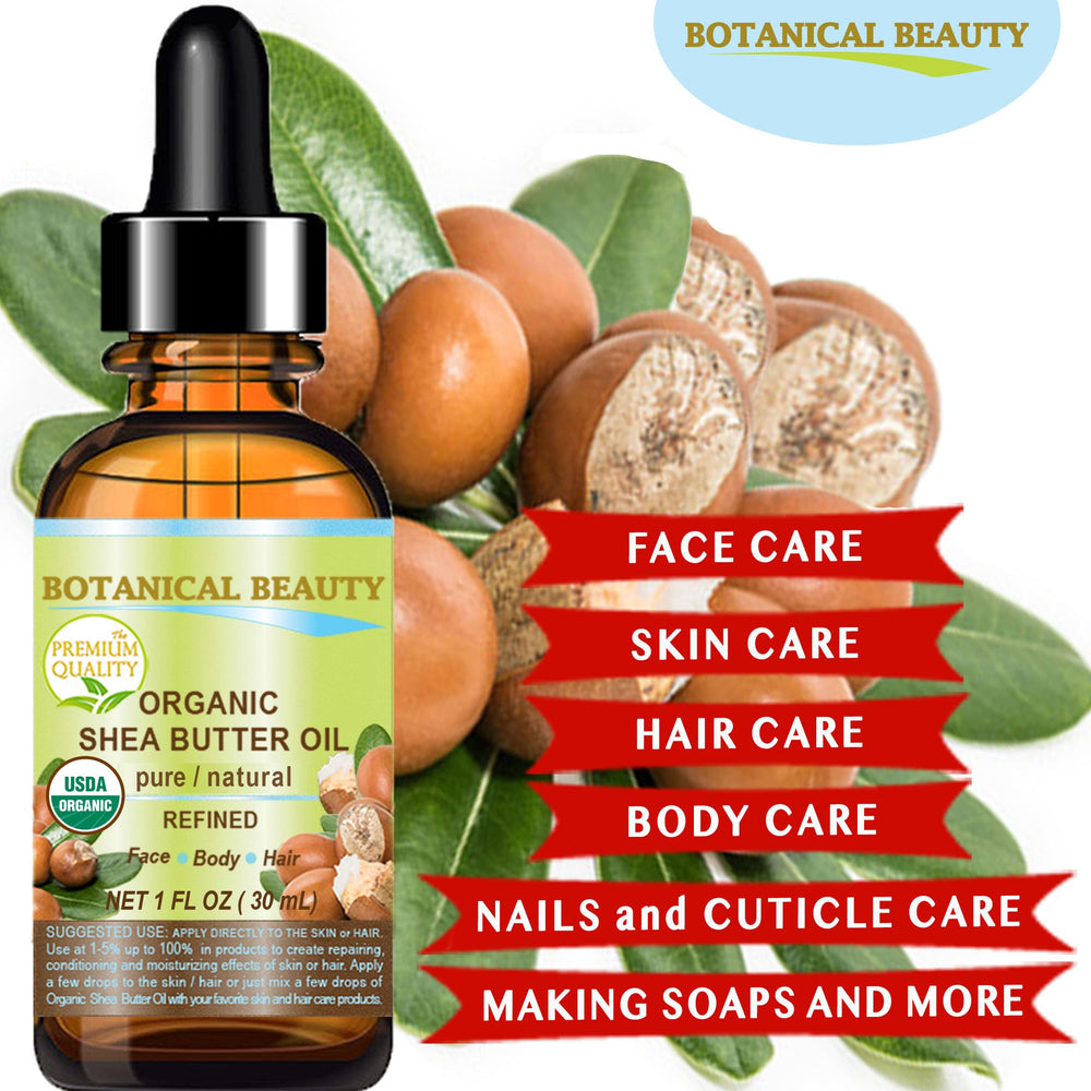 Botanical Beauty Shea Butter Oil hair treatment for shine and strength.