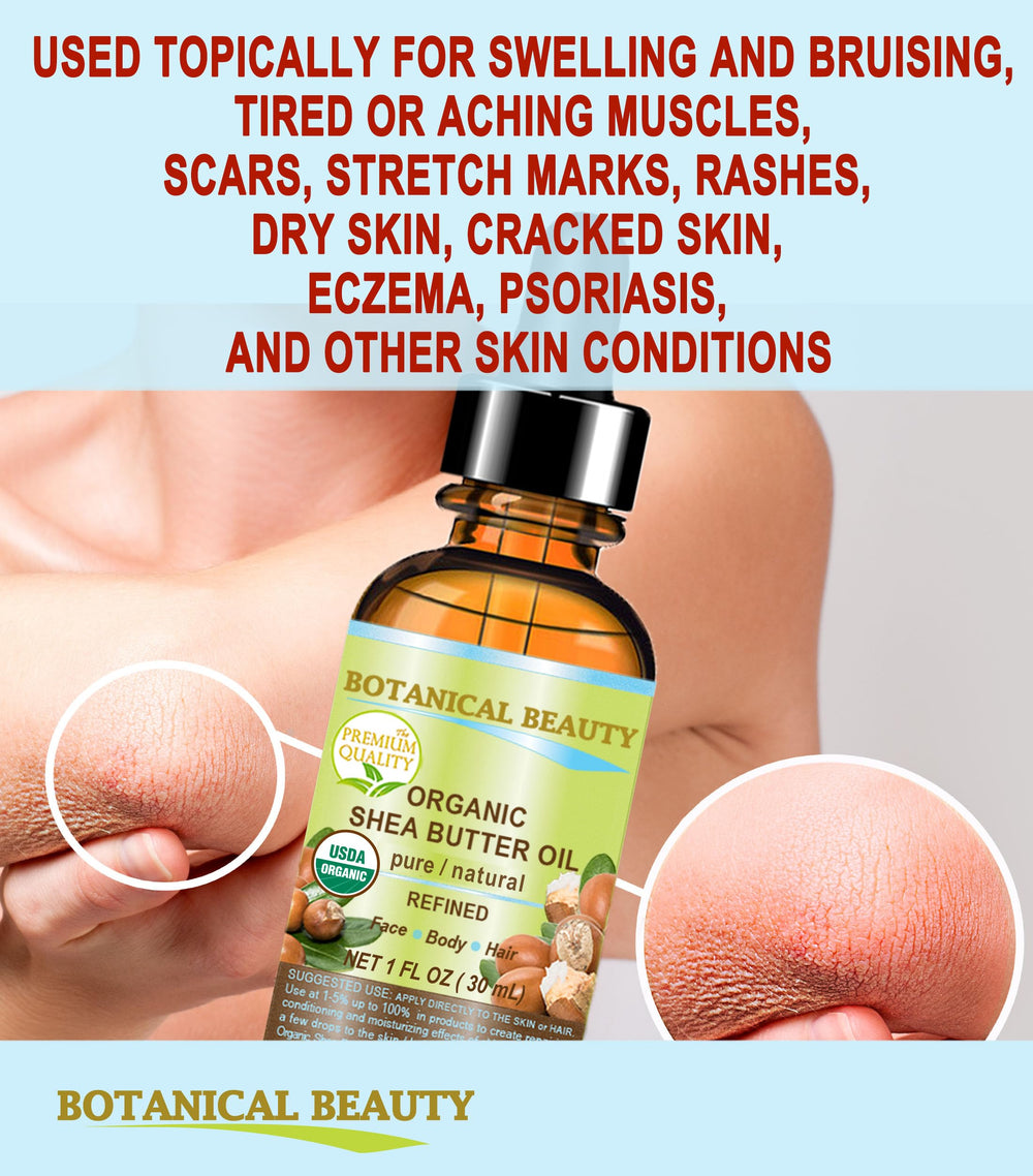Botanical Beauty Shea Butter Oil skin-softening close-up.